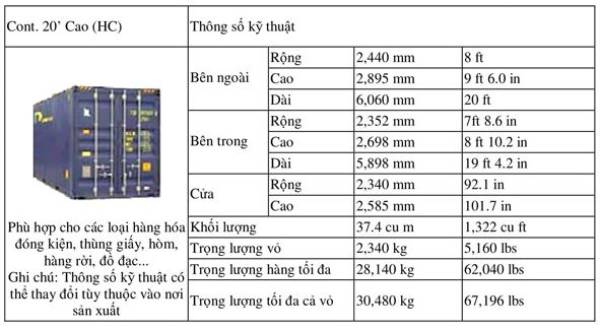 Kích thước của container 20 feet cao